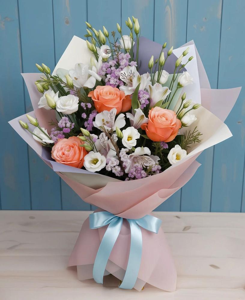 Букет цветов из: Лизиантусы, Розы, Альстромерии и Гипсофила в Ермишь