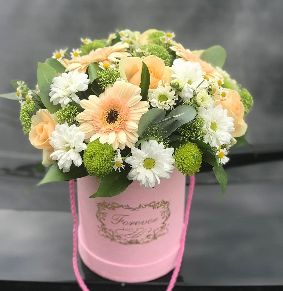 Цветочная композиция из Розы, Герберы и Хризантемы в шляпной коробке в Ермишь