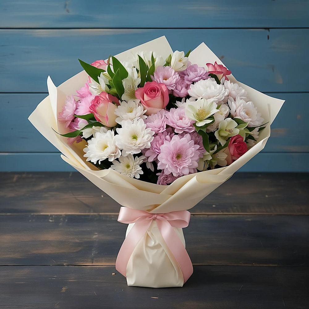 Букет цветов из: Хризантемы, Альстромерии и Розы в Ермишь